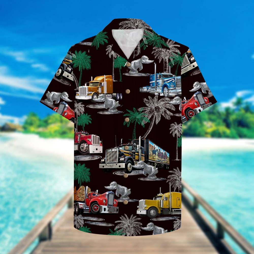 litzzy Duck Truck Pattern Hawaiian Shirt, Aloha Black Shirt For Trucker Hawaiian Shirt For Men, Woman, Litzzy Aloha Shirt Hawaiian Shirt   