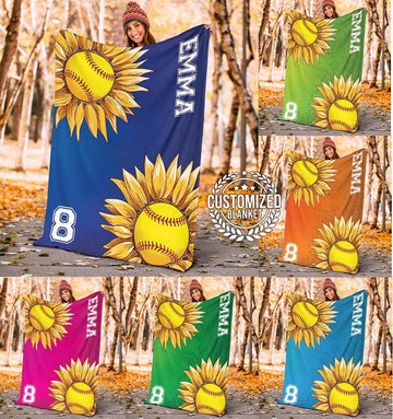 litzzy Personalized Softball Sunflower Fleece Blanket - Laci2411202 Quilt Blanket CUSTOM COLOR 50 X 60 