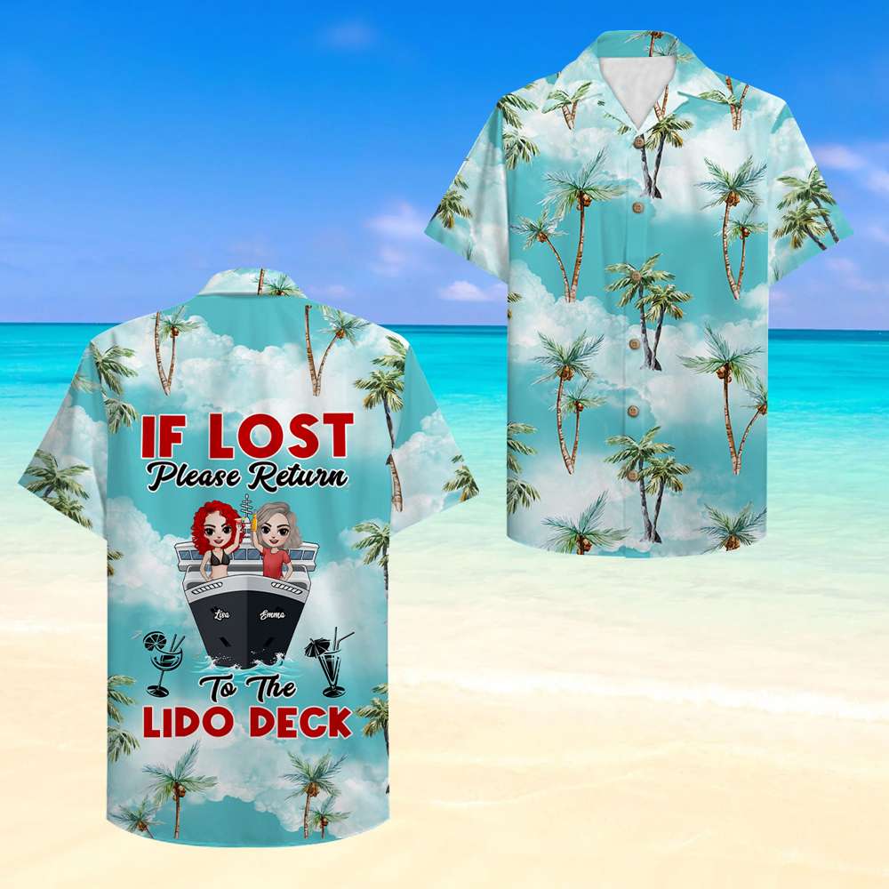 litzzy Personalized Cruising Friends Hawaiian Shirt - If Lost Please Return To The Lido Deck - Palm Tree Pattern Hawaiian Shirt For Men, Woman, Litzzy Aloha Shirt Hawaiian Shirt   