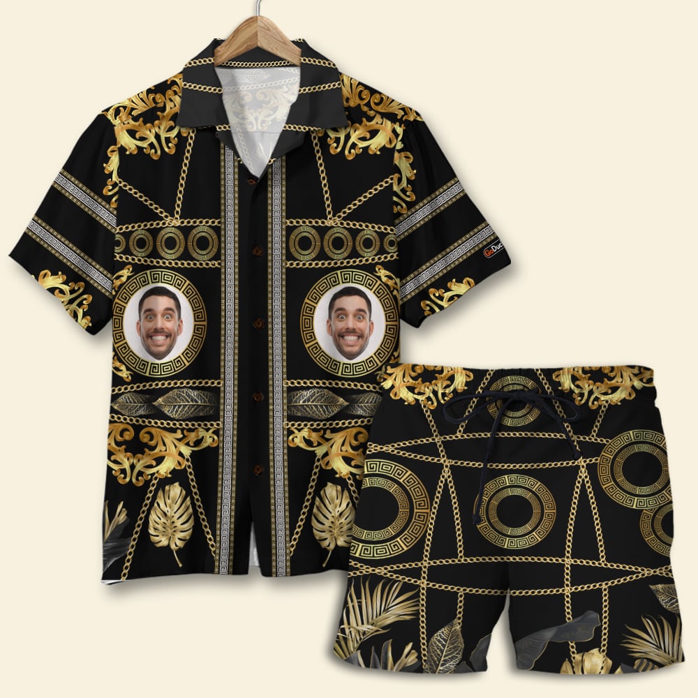 litzzy Golden Pattern with Custom Face Image ,Personalized Hawaiian Shirt and Men Beach Shorts, Summer Gifts Hawaiian Shirt For Men, Woman, Litzzy Aloha Shirt Hawaii Shirt   