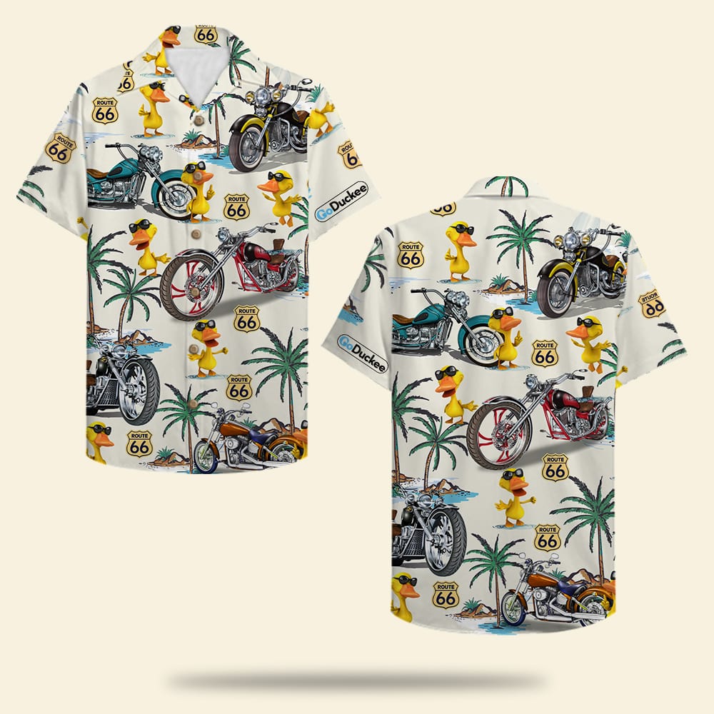litzzy Biker Duck Hawaiian Shirt - Duck & Classic Motorcycles Pattern Hawaiian Shirt For Men, Woman, Litzzy Aloha Shirt Hawaii Shirt   
