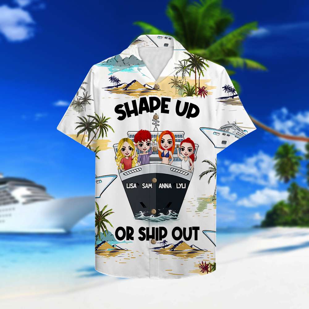litzzy Personalized Cruising Friends Hawaiian Shirt - Shape Up Or Ship Out - Cruise & Palm Tree Pattern Hawaiian Shirt For Men, Woman, Litzzy Aloha Shirt Hawaiian Shirt   