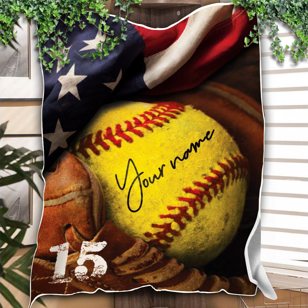 litzzy Personalized Softball Glove Corner Flag Fleece Blanket - Tlno1011203 Quilt Blanket 50x60  