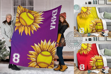 litzzy Personalized Softball Sunflower Fleece Blanket - Laci2411202 Quilt Blanket   