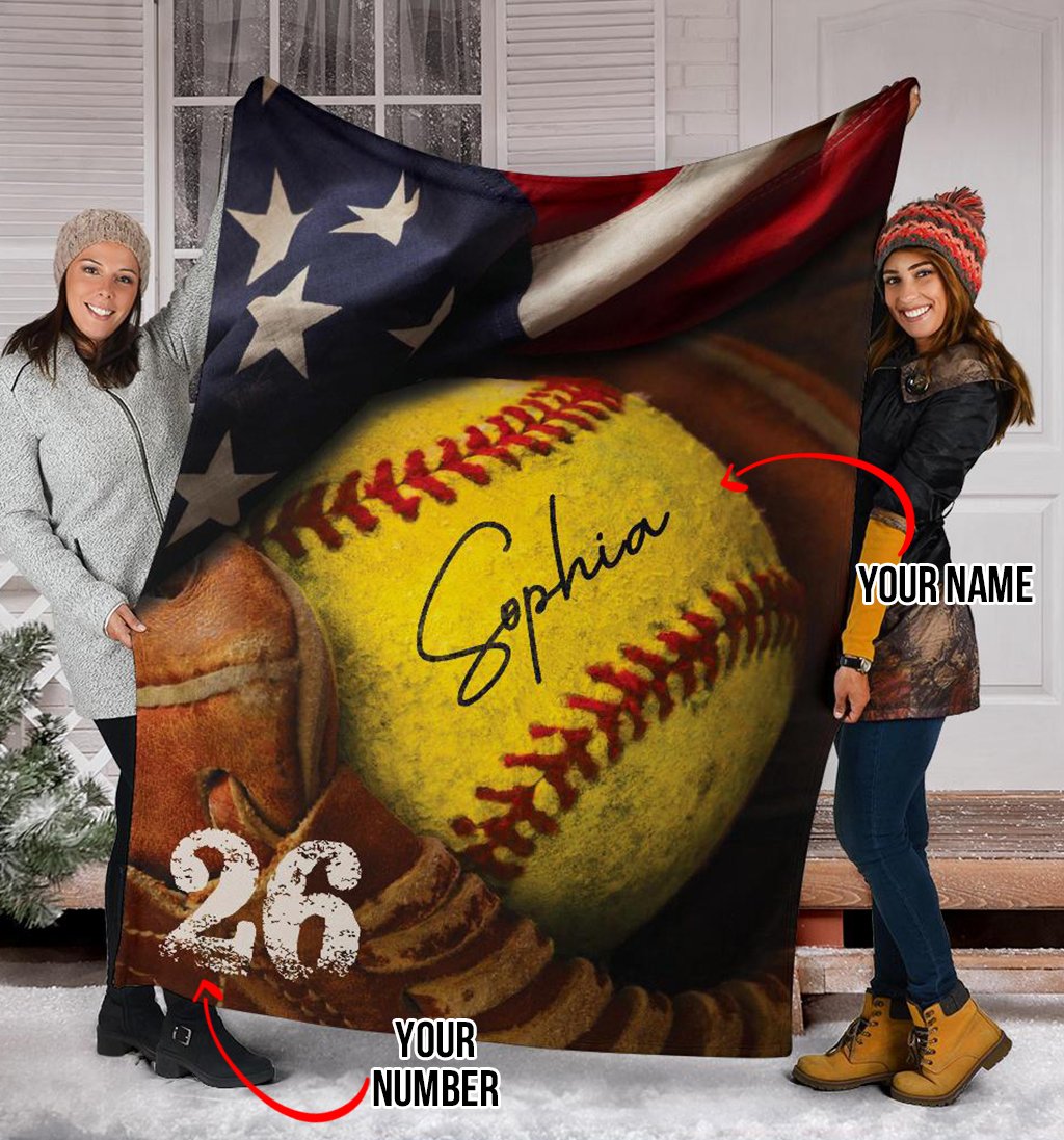 litzzy Personalized Softball Glove Corner Flag Fleece Blanket - Tlno1011203 Quilt Blanket   