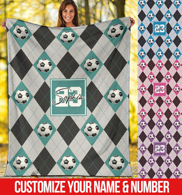 litzzy Personalized Soccer Argyle Pattern Fleece Blanket - Tlno2311201 Quilt Blanket   