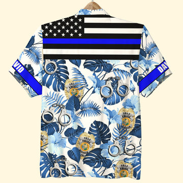 litzzy Custom Police Badge Hawaiian Shirt, Gift For Him, Blue Tree Pattern Hawaiian Shirt For Men, Woman, Litzzy Aloha Shirt Hawaiian Shirt   