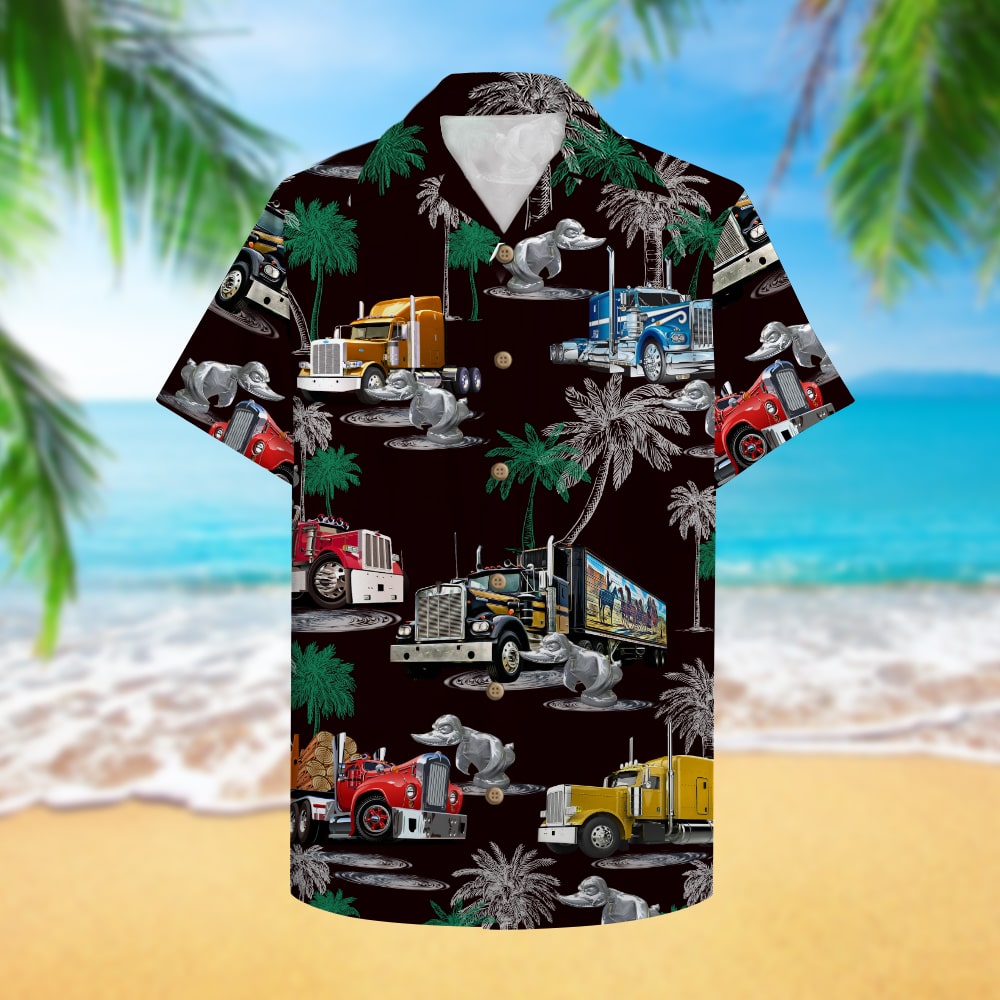 litzzy Duck Truck Pattern Hawaiian Shirt, Aloha Black Shirt For Trucker Hawaiian Shirt For Men, Woman, Litzzy Aloha Shirt Hawaiian Shirt   