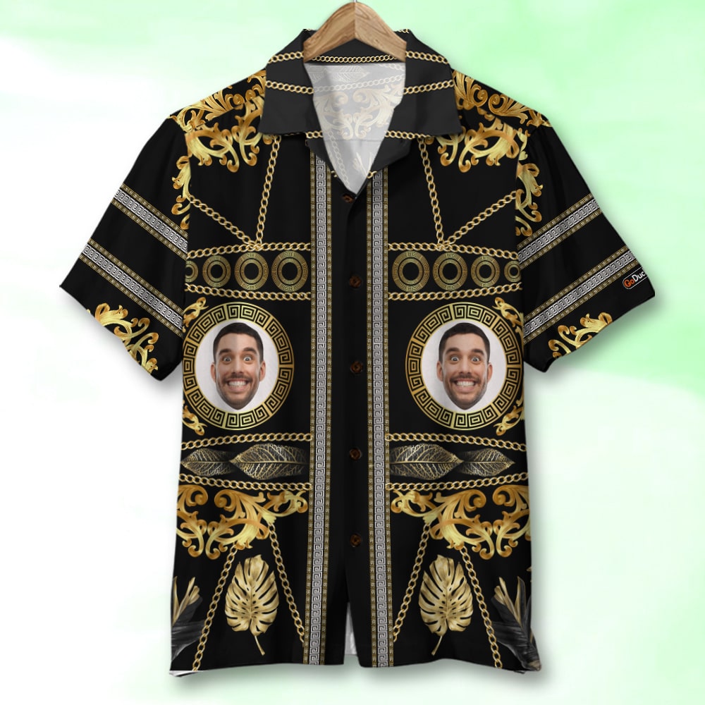 litzzy Golden Pattern with Custom Face Image ,Personalized Hawaiian Shirt and Men Beach Shorts, Summer Gifts Hawaiian Shirt For Men, Woman, Litzzy Aloha Shirt Hawaii Shirt   