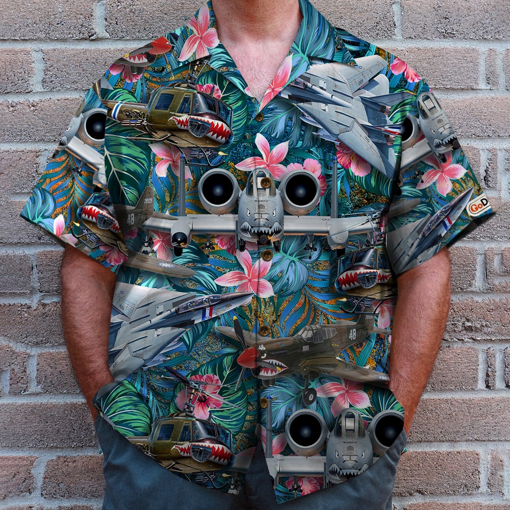 litzzy Military Aircraft and Floral Pattern, Hawaiian Shirt, Summer Gifts Hawaiian Shirt For Men, Woman, Litzzy Aloha Shirt Hawaii Shirt   