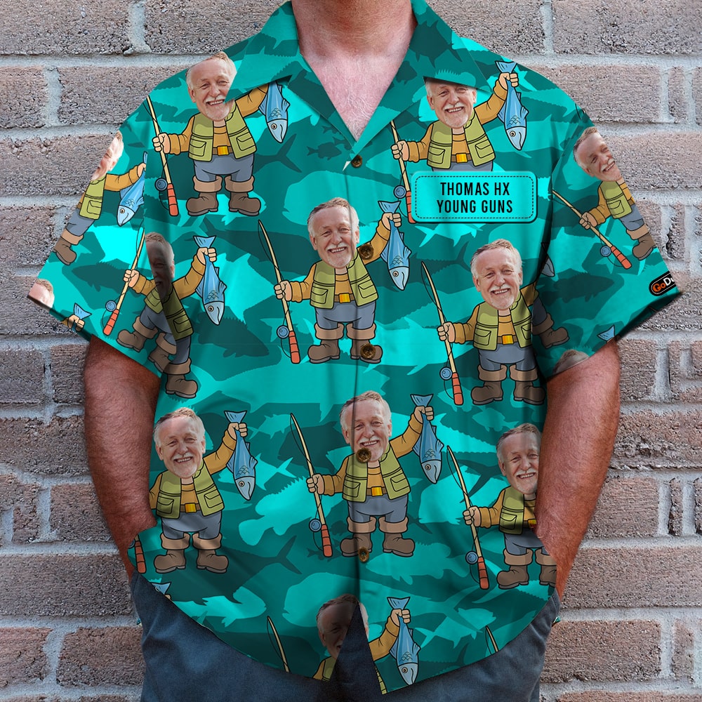 litzzy Fishing Custom Face Photos Seamless Pattern, Personalized Hawaiian Shirt and Men Beach Shorts, Gifts for Fishing Lovers Hawaiian Shirt For Men, Woman, Litzzy Aloha Shirt Hawaiian Shirt   
