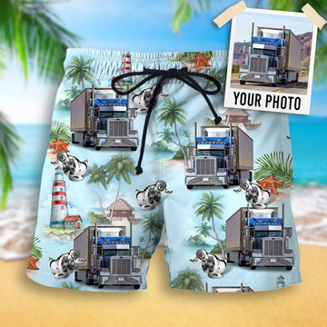 litzzy Custom Photo Hawaiian Shirt, Aloha Shirt and Mens Beach Shorts - Truck With Summer Background Hawaiian Shirt For Men, Woman, Litzzy Aloha Shirt Hawaii Shirt   
