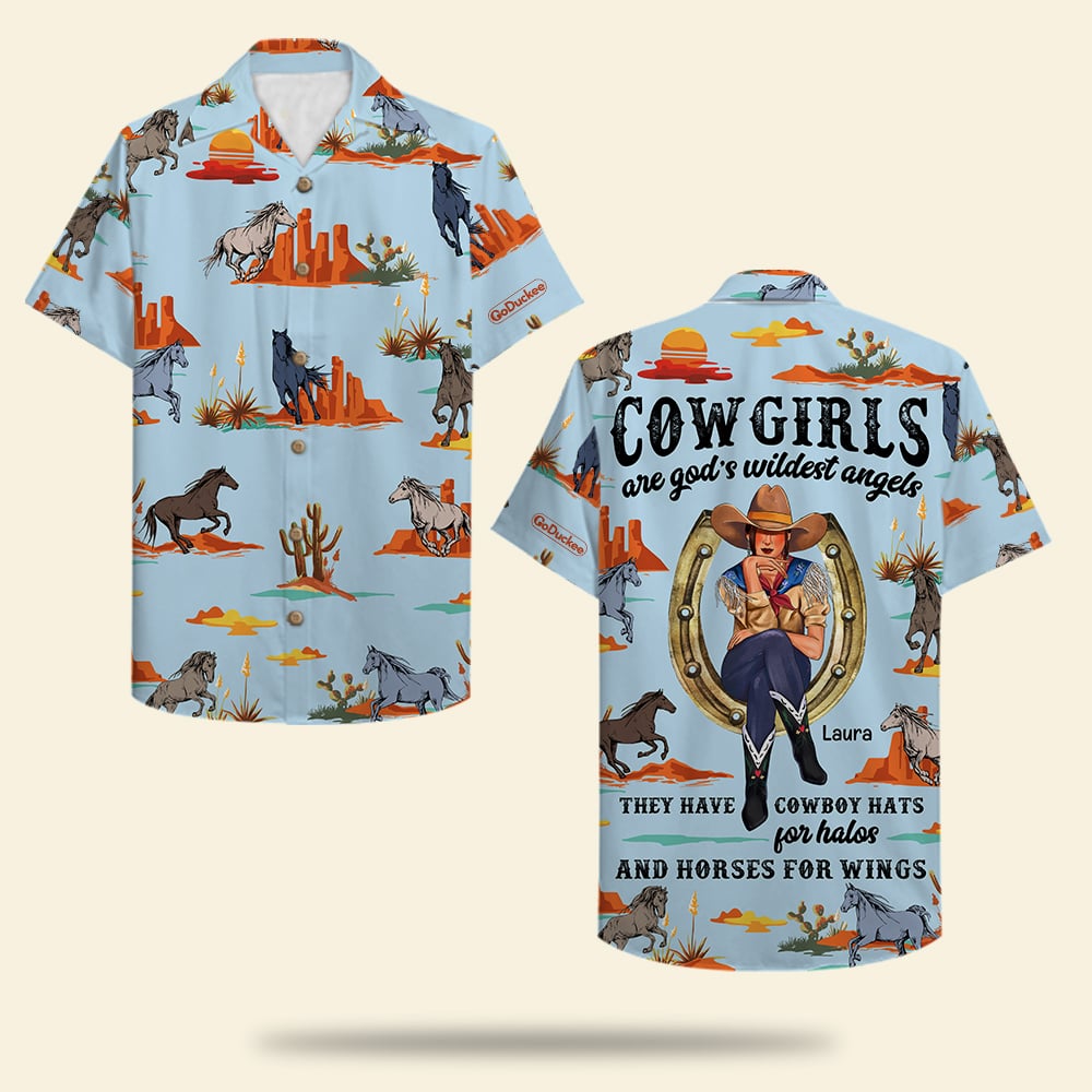 litzzy Personalized Cowgirl Hawaiian Shirt - Horse Pattern - Cowgirls Are God's Wildest Angels Hawaiian Shirt For Men, Woman, Litzzy Aloha Shirt Hawaiian Shirt   
