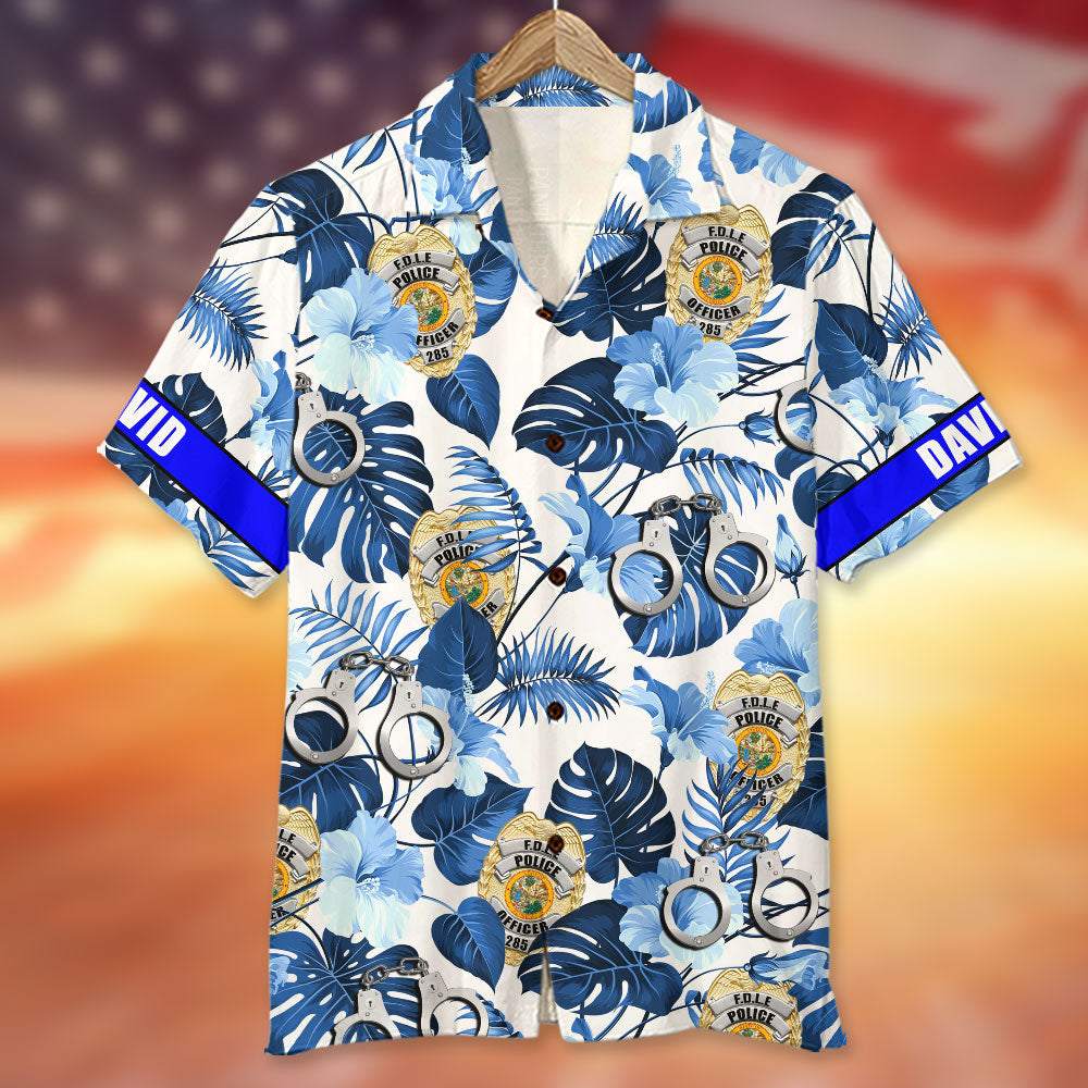 litzzy Custom Police Badge Hawaiian Shirt, Gift For Him, Blue Tree Pattern Hawaiian Shirt For Men, Woman, Litzzy Aloha Shirt Hawaiian Shirt   