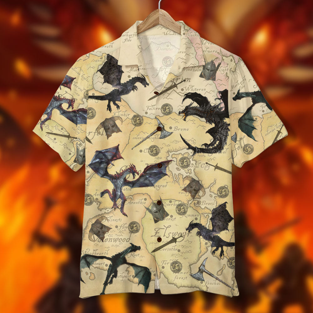 litzzy T.E.S. Game Hawaiian Shirt and Shorts - Skyrim The Game with Dragons and Old Tamriel Map Pattern Hawaiian Shirt For Men, Woman, Litzzy Aloha Shirt Hawaii Shirt   