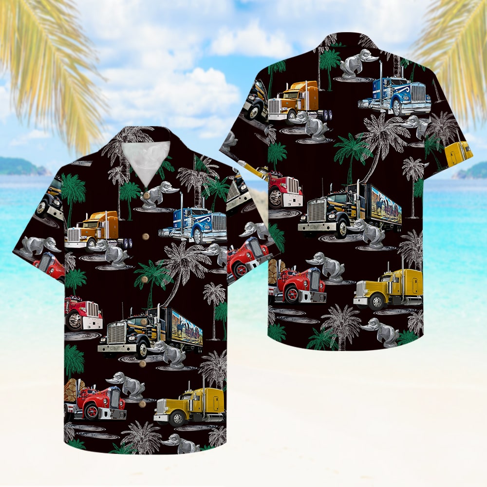 litzzy Duck Truck Pattern Hawaiian Shirt, Aloha Black Shirt For Trucker Hawaiian Shirt For Men, Woman, Litzzy Aloha Shirt Hawaiian Shirt   