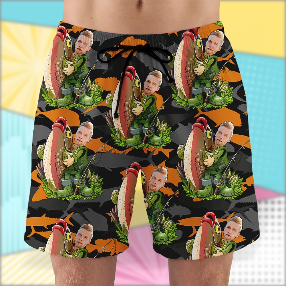 litzzy Fishing Custom Face Photos Seamless Pattern, Personalized Hawaiian Shirt and Men Beach Shorts, Gifts for Fishing Lovers Hawaiian Shirt For Men, Woman, Litzzy Aloha Shirt Hawaiian Shirt   