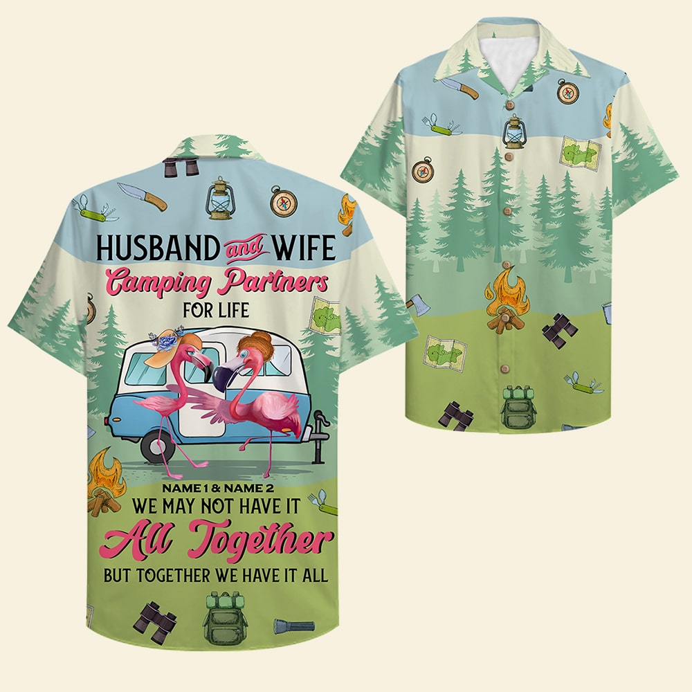litzzy Personalized Camping Couple Hawaiian Shirt - Flamingo Husband and Wife, Camping Partners For Life Hawaiian Shirt For Men, Woman, Litzzy Aloha Shirt Hawaii Shirt   