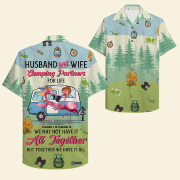 litzzy Personalized Camping Couple Hawaiian Shirt - Flamingo Husband and Wife, Camping Partners For Life Hawaiian Shirt For Men, Woman, Litzzy Aloha Shirt Hawaii Shirt   