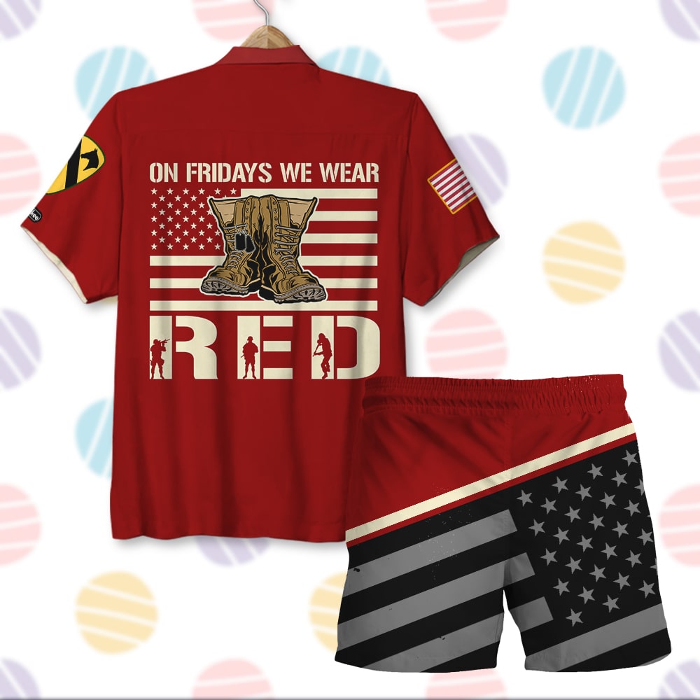 litzzy On Fridays We Wear Red, Personalized Hawaiian Shirt Men Beach Shorts, Gifts for Veterans, Custom Military Unit Hawaiian Shirt For Men, Woman, Litzzy Aloha Shirt Hawaii Shirt   
