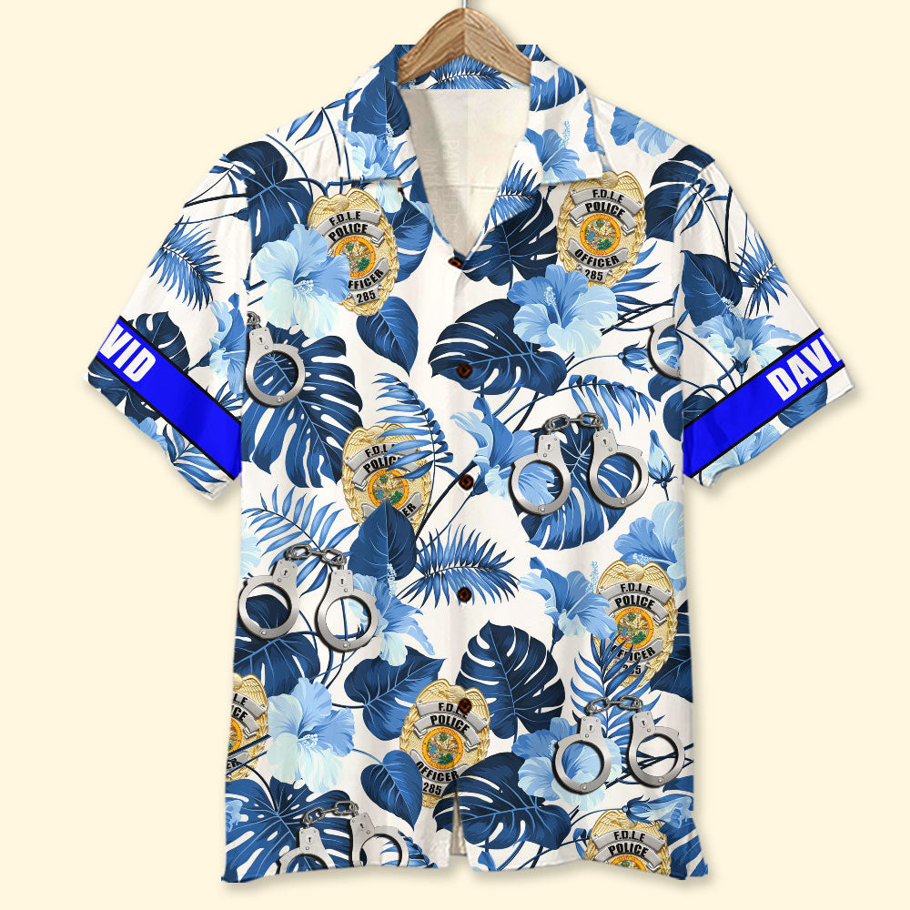litzzy Custom Police Badge Hawaiian Shirt, Gift For Him, Blue Tree Pattern Hawaiian Shirt For Men, Woman, Litzzy Aloha Shirt Hawaiian Shirt   