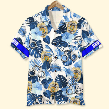 litzzy Custom Police Badge Hawaiian Shirt, Gift For Him, Blue Tree Pattern Hawaiian Shirt For Men, Woman, Litzzy Aloha Shirt Hawaiian Shirt   