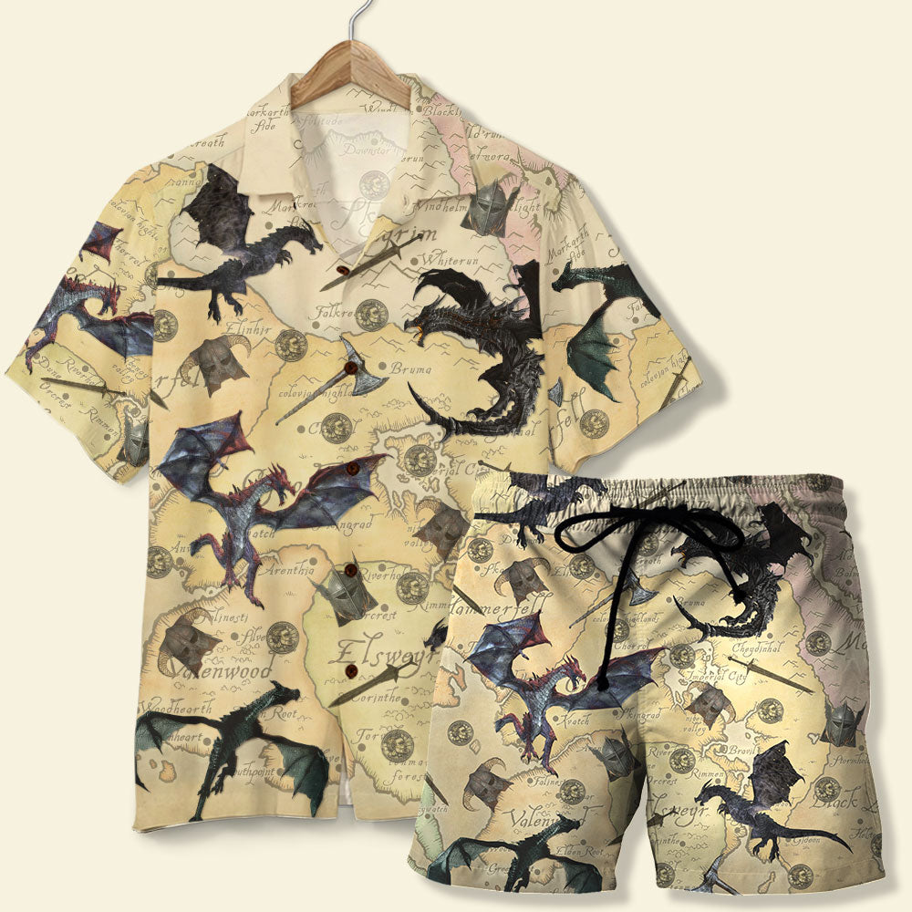 litzzy T.E.S. Game Hawaiian Shirt and Shorts - Skyrim The Game with Dragons and Old Tamriel Map Pattern Hawaiian Shirt For Men, Woman, Litzzy Aloha Shirt Hawaii Shirt   