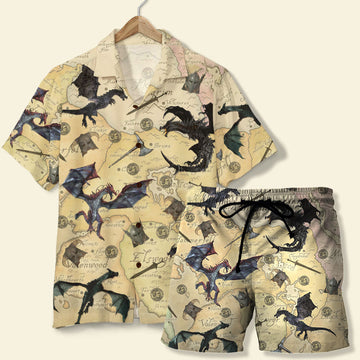 litzzy T.E.S. Game Hawaiian Shirt and Shorts - Skyrim The Game with Dragons and Old Tamriel Map Pattern Hawaiian Shirt For Men, Woman, Litzzy Aloha Shirt Hawaii Shirt   