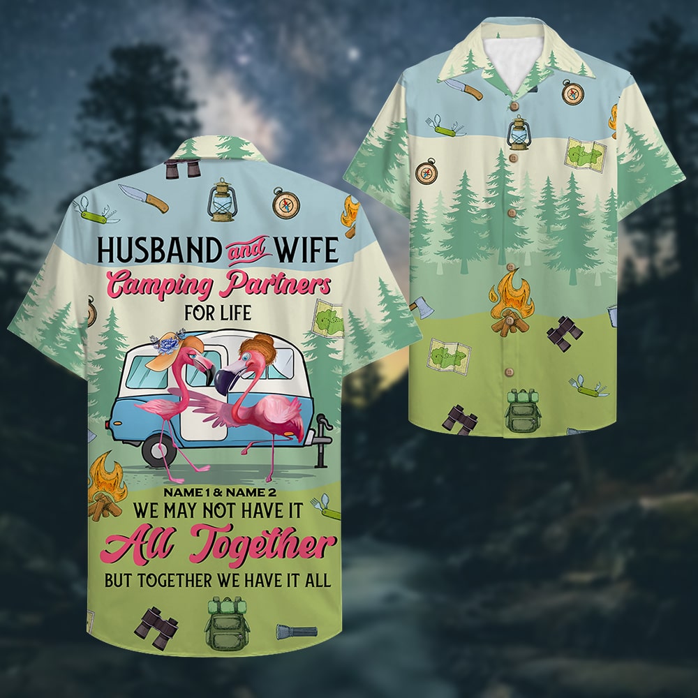 litzzy Personalized Camping Couple Hawaiian Shirt - Flamingo Husband and Wife, Camping Partners For Life Hawaiian Shirt For Men, Woman, Litzzy Aloha Shirt Hawaii Shirt   
