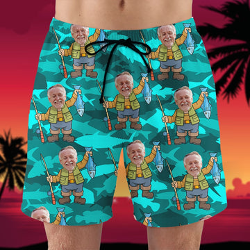 litzzy Fishing Custom Face Photos Seamless Pattern, Personalized Hawaiian Shirt and Men Beach Shorts, Gifts for Fishing Lovers Hawaiian Shirt For Men, Woman, Litzzy Aloha Shirt Hawaiian Shirt   