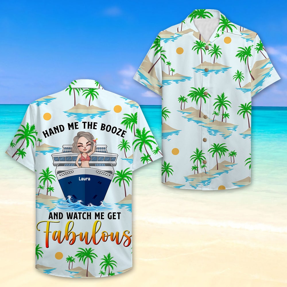 litzzy Personalized Cruising Girl Hawaiian Shirt - Hand Me On The Booze - Palm Tree Pattern Hawaiian Shirt For Men, Woman, Litzzy Aloha Shirt Hawaiian Shirt   