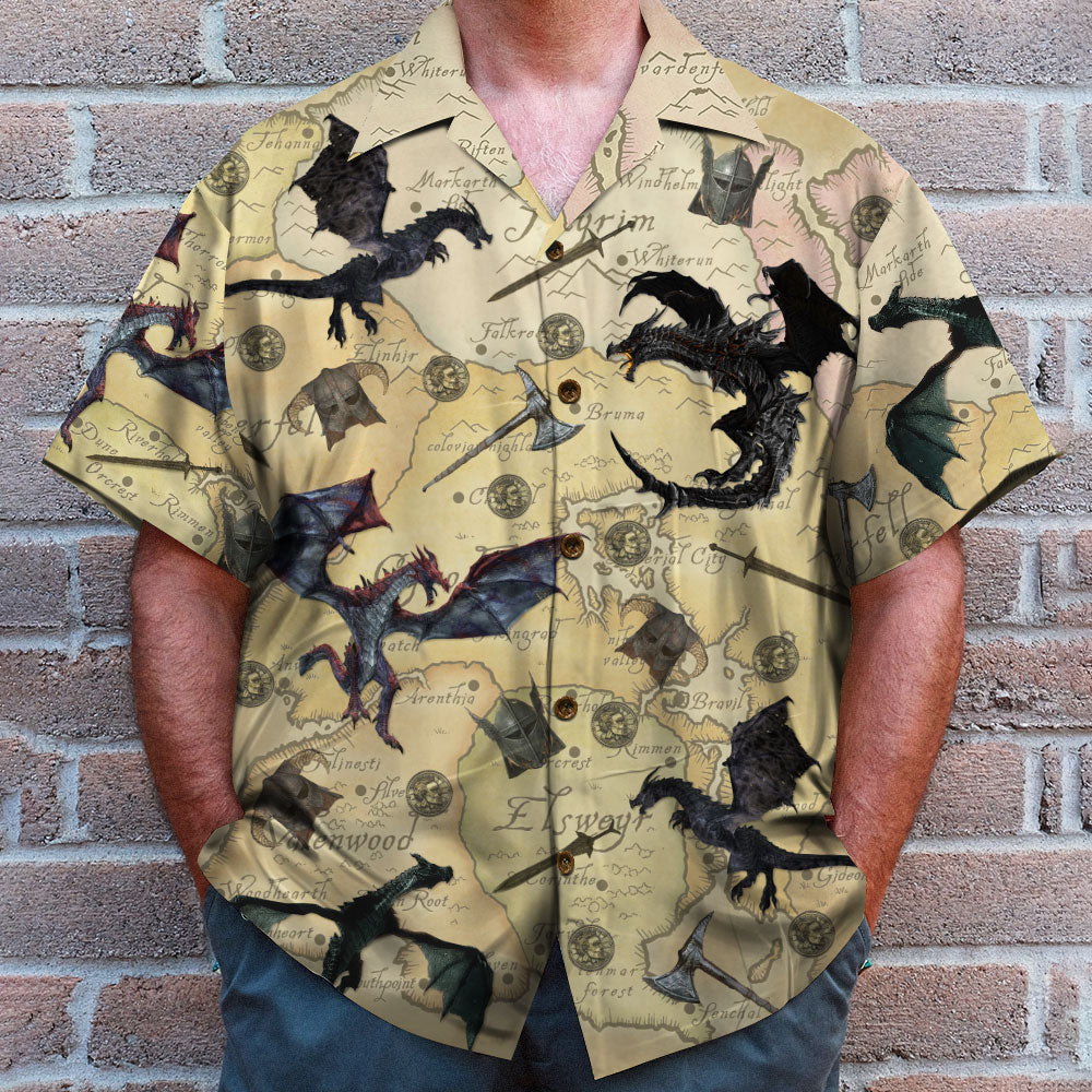 litzzy T.E.S. Game Hawaiian Shirt and Shorts - Skyrim The Game with Dragons and Old Tamriel Map Pattern Hawaiian Shirt For Men, Woman, Litzzy Aloha Shirt Hawaii Shirt   