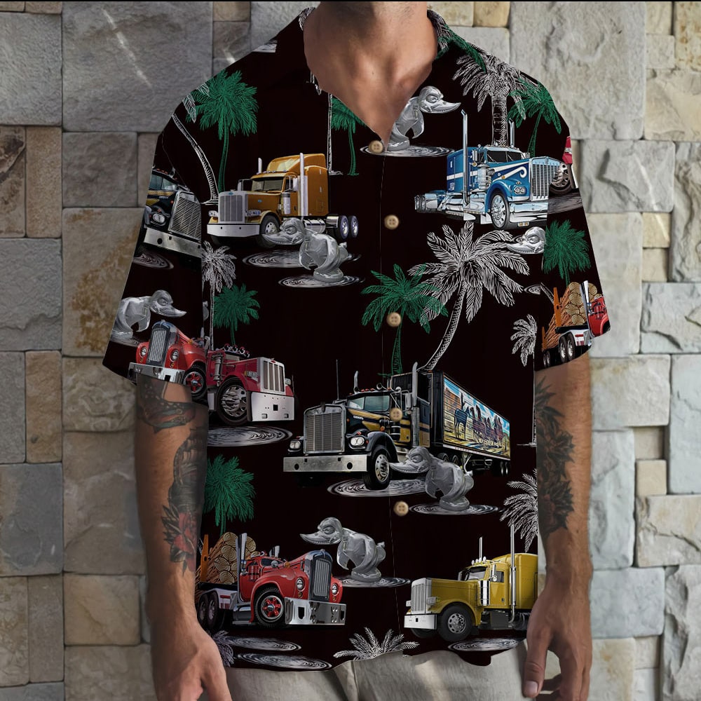 litzzy Duck Truck Pattern Hawaiian Shirt, Aloha Black Shirt For Trucker Hawaiian Shirt For Men, Woman, Litzzy Aloha Shirt Hawaiian Shirt   