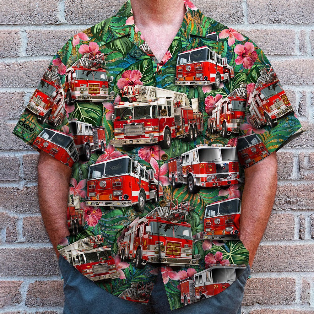 litzzy Fire Truck Hawaiian Shirt, Gift For Him, Gift For Fire Truck Lovers, Tropical Pattern Hawaiian Shirt For Men, Woman, Litzzy Aloha Shirt Hawaiian Shirt   