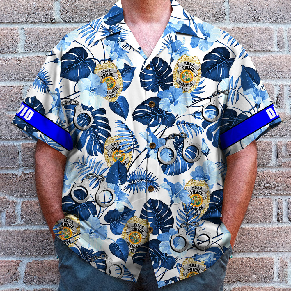 litzzy Custom Police Badge Hawaiian Shirt, Gift For Him, Blue Tree Pattern Hawaiian Shirt For Men, Woman, Litzzy Aloha Shirt Hawaiian Shirt   