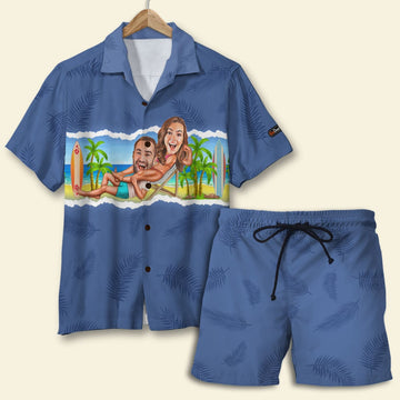 litzzy Couple And Beach Background - Custom Photo Hawaiian Shirt, Aloha Shirt and Men Beach Shorts Hawaiian Shirt For Men, Woman, Litzzy Aloha Shirt Hawaii Shirt   