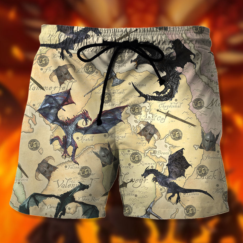 litzzy T.E.S. Game Hawaiian Shirt and Shorts - Skyrim The Game with Dragons and Old Tamriel Map Pattern Hawaiian Shirt For Men, Woman, Litzzy Aloha Shirt Hawaii Shirt   