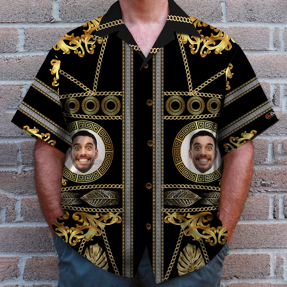 litzzy Golden Pattern with Custom Face Image ,Personalized Hawaiian Shirt and Men Beach Shorts, Summer Gifts Hawaiian Shirt For Men, Woman, Litzzy Aloha Shirt Hawaii Shirt   