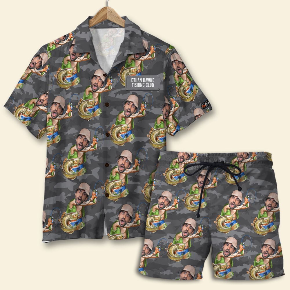 litzzy Fishing Custom Face Photos Seamless Pattern, Personalized Hawaiian Shirt and Men Beach Shorts, Gifts for Fishing Lovers Hawaiian Shirt For Men, Woman, Litzzy Aloha Shirt Hawaiian Shirt   