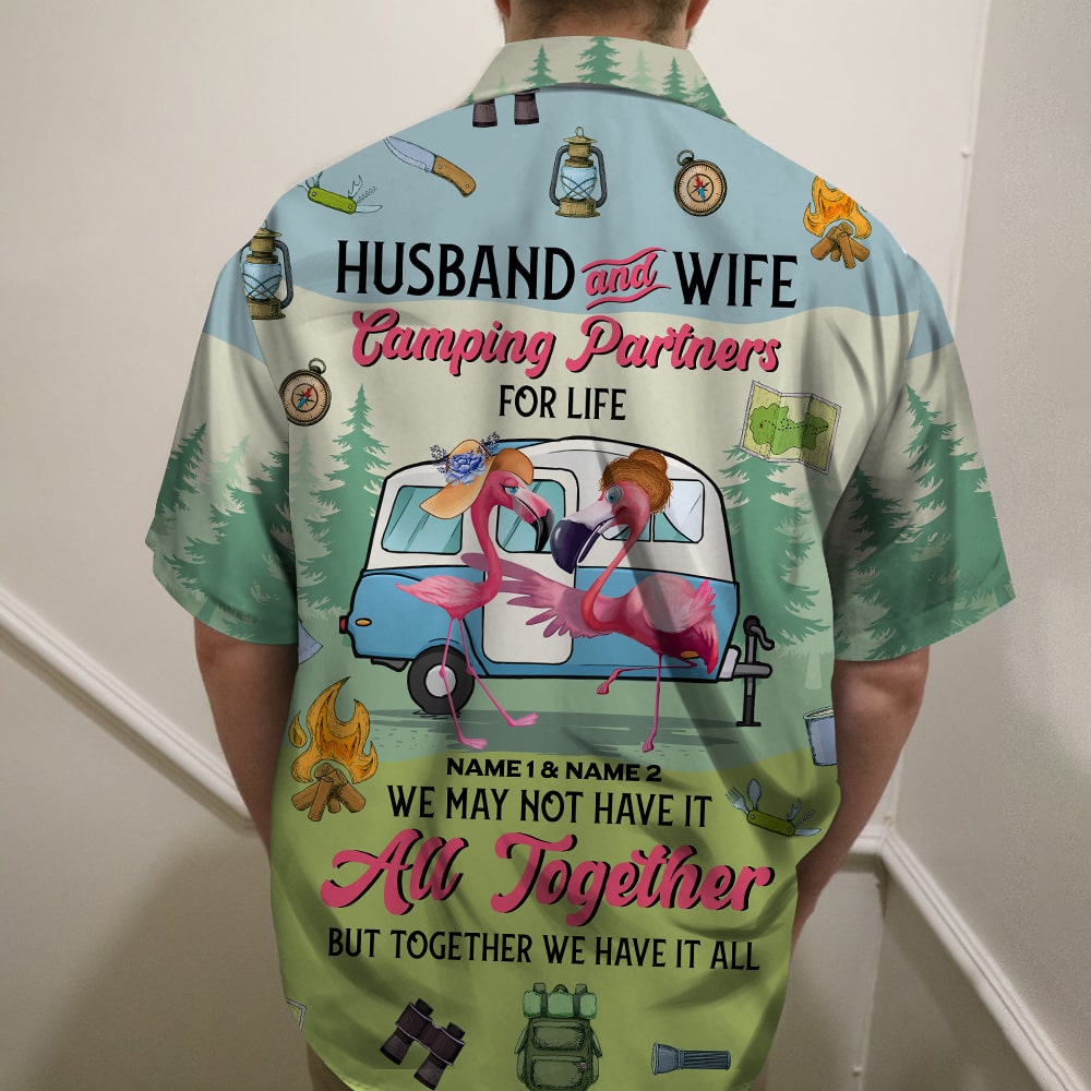 litzzy Personalized Camping Couple Hawaiian Shirt - Flamingo Husband and Wife, Camping Partners For Life Hawaiian Shirt For Men, Woman, Litzzy Aloha Shirt Hawaii Shirt   