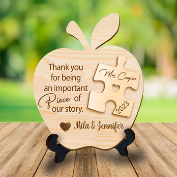 litzzy Personalized Teacher Gift: Apple Puzzle Piece Sign & More - Perfect for Teacher Appreciation, End of Year, Daycare & Preschool Custom Wooden Sign   