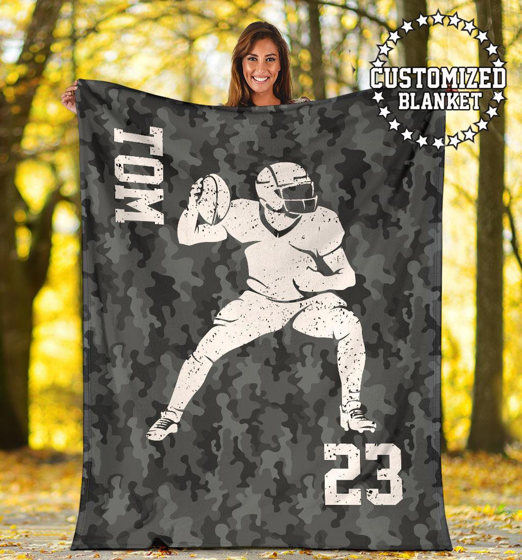 litzzy Personalized Football Player Grey Camo Fleece Blanket - Tltm0311203 Quilt Blanket QUARTERBACK 50 x 60 