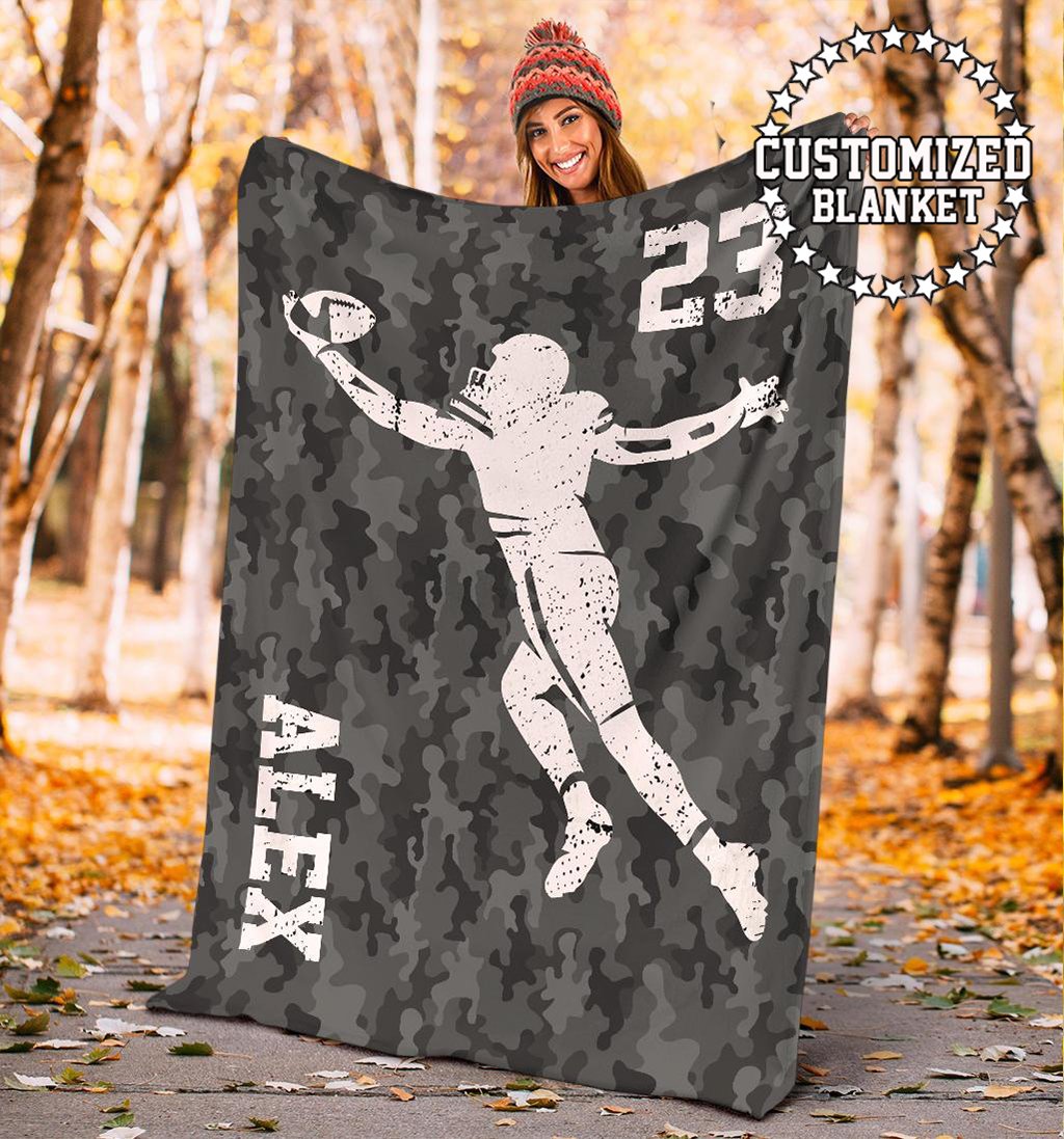 litzzy Personalized Football Player Grey Camo Fleece Blanket - Tltm0311203 Quilt Blanket RECEIVER 50 x 60 