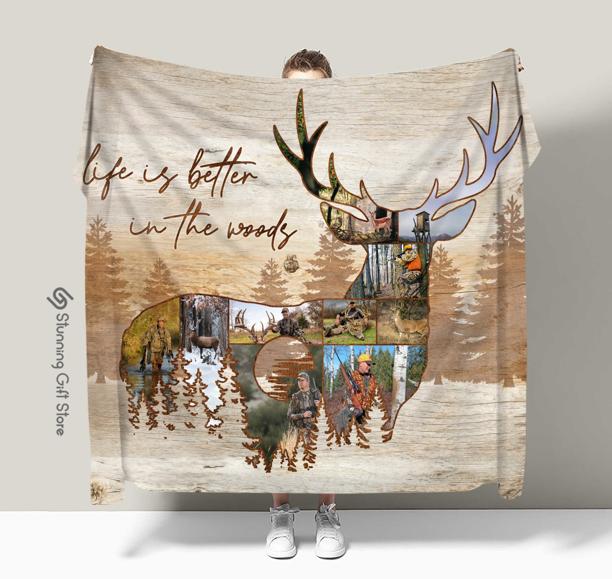 litzzy Deer Hunter Gift, Deer Fleece Blanket, Christmas Gifts For Deer Hunter, Deer Hunting Photo Collage Fleece Blanket 60x80  