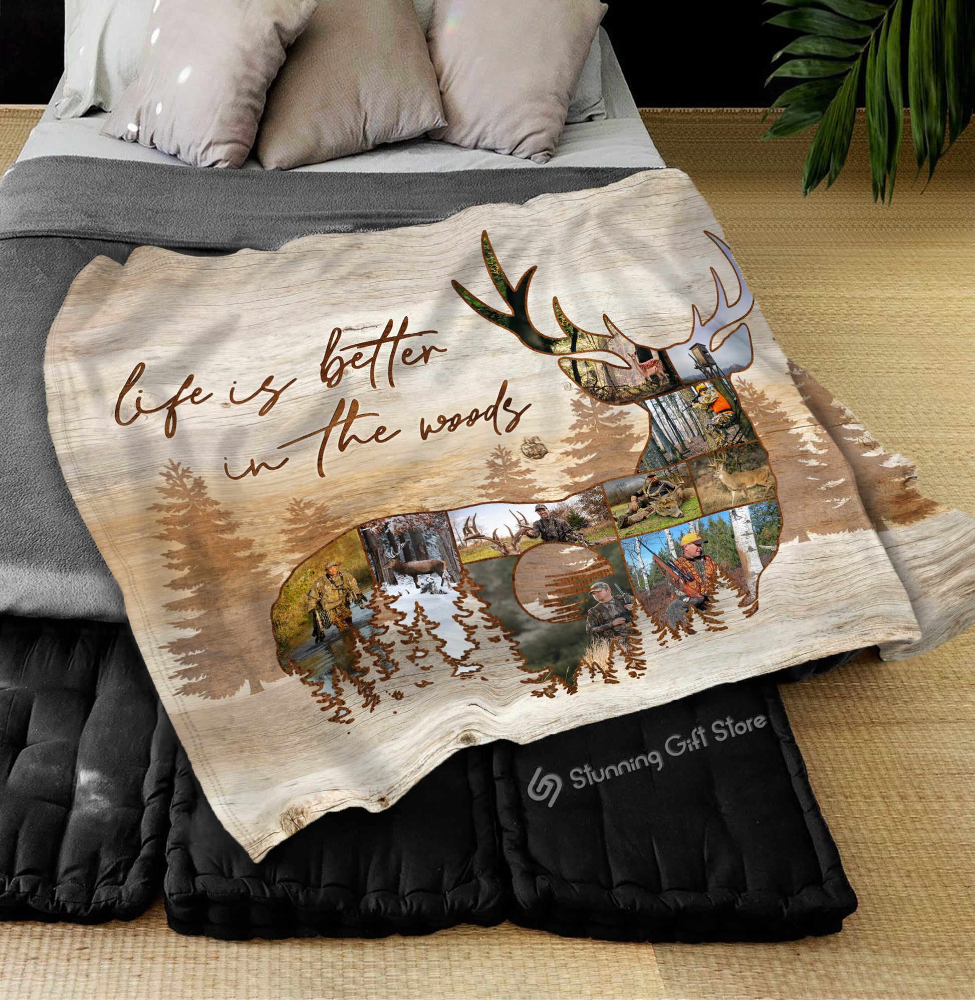 litzzy Deer Hunter Gift, Deer Fleece Blanket, Christmas Gifts For Deer Hunter, Deer Hunting Photo Collage Fleece Blanket   