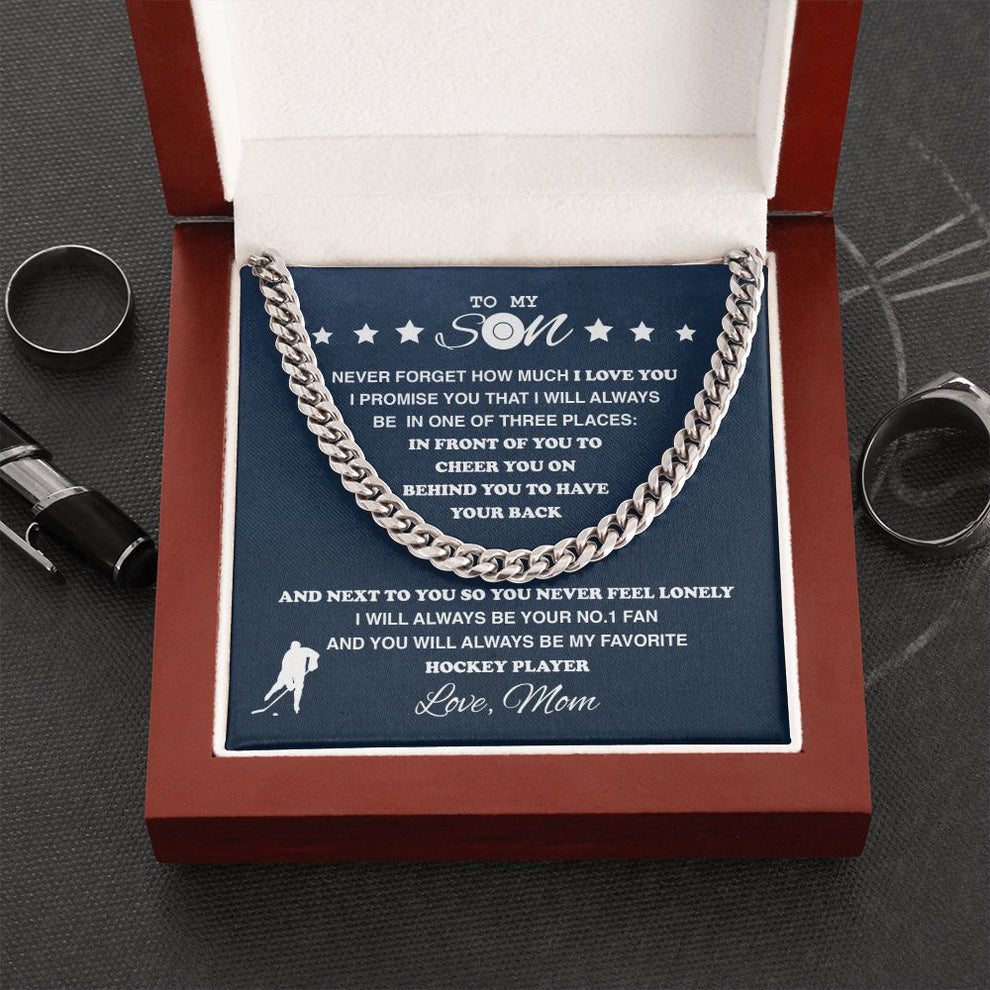 litzzy To My Hockey Son, From Mom - Cuban Link Necklace - To My Son Gift, Son Love Hockey Jewelry STAINLESS STEEL LUXURY BOX 